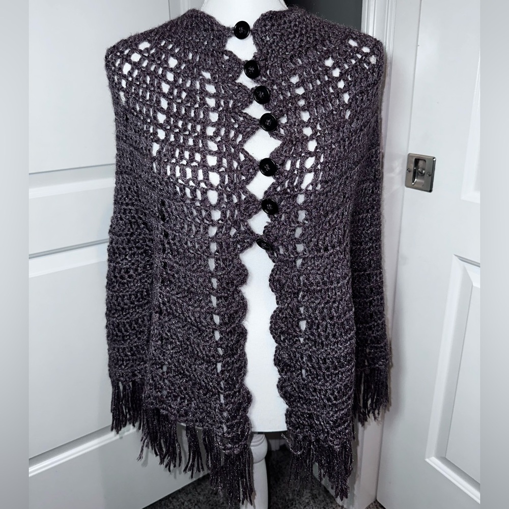 Handmade Crochet Fringe Shawl Cardigan Button Front One Size
